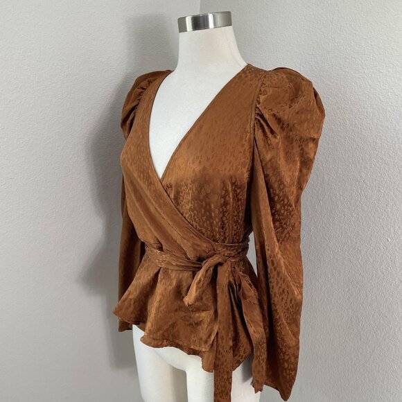 A.L.C. Blouse Womens 10 Brown Silk Wrap Top Puff Sleeve Peplum Jacquard Tie Belt - Picture 4 of 11